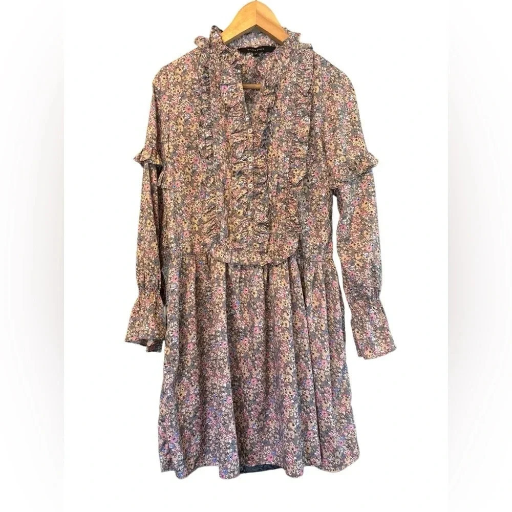 Walter Baker Prairie Ruffle Floral Long Sleeve Dress Grey Pink Size 0 - Picture 3 of 6